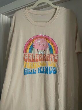 NWOT Amazon Cream Short Sleeve Tee with Rainbow Graphic
